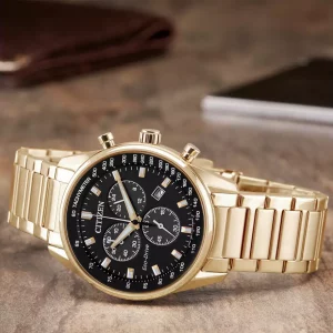 Citizen Chronograph Watch – Black Dial, Gold Bracelet for Men
