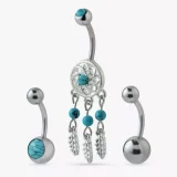 Revere Surgical Steel Dreamcatcher Belly Button Rings – Set of 3 Dangle Navel Bars - Image 1