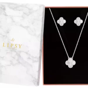 Lipsy Silver-Plated Floral Clover Pendant & Earring Set – Elegant Jewelry Gift