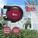 Ram® 30m Retractable Clothesline – Heavy Duty Twin Line Wall-Mounted Dryer (2x15m), Burgundy - Image 3