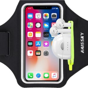 HAISSKY Running Armband with Zipper Pocket & Earbud Holder – Sports Phone Armband for iPhone 16/15/14/13/12 Pro Max, Fits Phones up to 6.9”