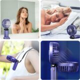 Jsdoin Portable Handheld USB Rechargeable Fan – Mini Foldable Desk Fan with 5 Speeds, LED Display, Battery Operated for Home, Office, Outdoor Travel (Blue) - Image 5