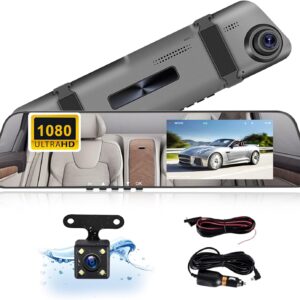 CAMECHO 1080P HD Mirror Dash Cam Dual Front and Rear Camera – 4.5” Touchscreen, Wide Angle, Loop Recording, Parking Assist & Motion Detection