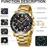 HANPOSH Men's Chronograph Watch – Stainless Steel Quartz, Waterproof, Moon Phase, Luminous Date Display - Image 5