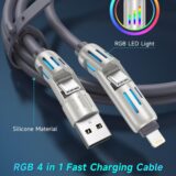 RAVIAD 4-in-1 240W RGB Fast Charger Cable 1.2M – USB A/C to Type-C & Lightning for iPhone, Samsung, MacBook - Image 2