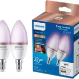 Philips WiZ E14 Smart LED Candle Bulbs – Colour Changing Wi-Fi Enabled, 2-Pack - Image 1
